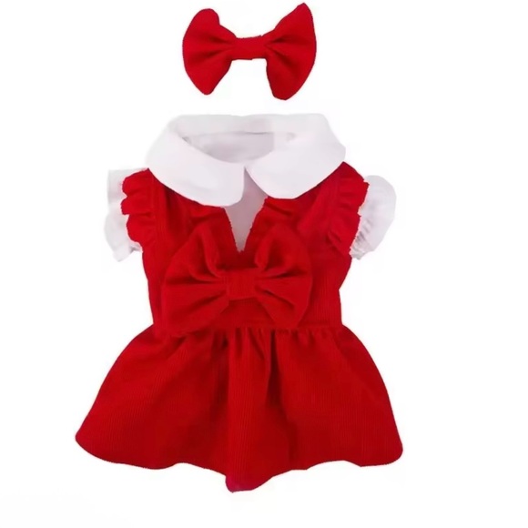 Red Velvet puppy dog Dress with Bow Christmas outfits - Picture 9 of 9